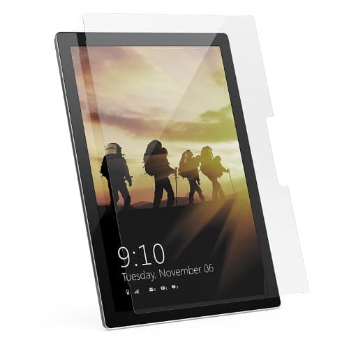 Clear, transparent glass screen protector designed for Surface Pro 7+/7/6/5/4, featuring precise cutouts and a sleek finish that enhances device protection.