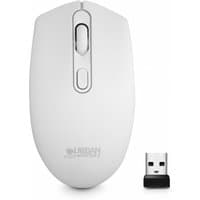 White wireless mouse with scroll wheel and USB receiver, Urban Factory branding, 1200 DPI, sleek design.