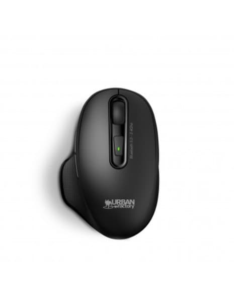 Black ergonomic cordless mouse with a smooth finish, featuring a scroll wheel, a side button, and a green LED indicator, designed for comfort and efficiency.