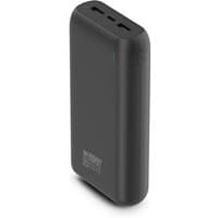 Black Urban Factory power bank, 20000 mAh, sleek design with three USB ports and LED indicators.
