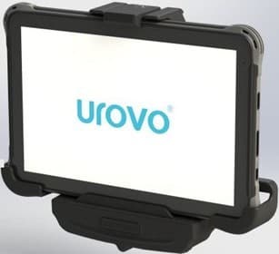 UROVO Passive Vehicle Cradle P8100/P8100P in black plastic, featuring a secure locking mechanism and a holder for a tablet displaying the UROVO logo.