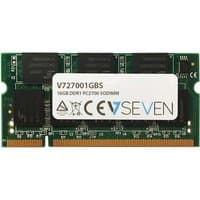 Green V7 1GB DDR1 PC2700 SO DIMM memory module with black chips and white label, gold connector edge.
