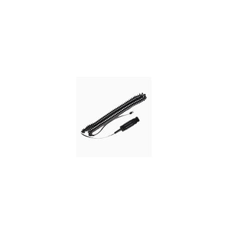 Black coiled cable with a connector at one end, designed for audio devices, featuring a durable material and a compact design for easy handling.
