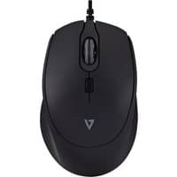Black V7 MU350 USB wired silent mouse with scroll wheel, ergonomic design, and subtle V7 logo on top.