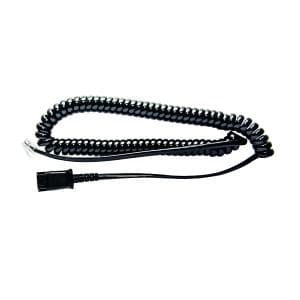 Black coiled telephone cord with a clear plastic connector at one end and a standard connector at the other, designed for V7 U10 Vista Equivalent / Plx Qd compatibility.