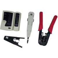 Grey VALUE 19.06.2034 network cable tester set with UTP/STP tester, punch-down tool, and red-handled crimping tool.