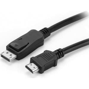 Black DisplayPort cable, 10 meters long, featuring two male connectors with a textured grip and a locking mechanism for secure connection.