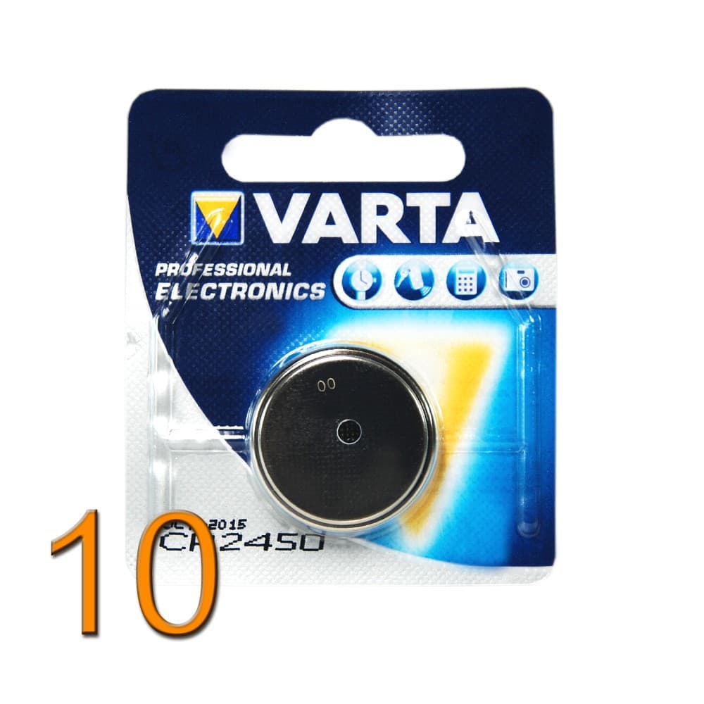 Varta CR 2450 lithium battery in a blue and white packaging, featuring a circular silver battery with a black top and a label indicating "10" in orange.