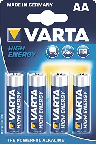 Four Varta Longlife Power AA batteries in a blue and yellow packaging, labeled "High Energy," showcasing their 1.5V high performance and made in Germany.