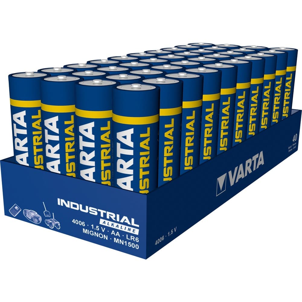 Blue and yellow packaging of Varta Erie Lkline Mignon batteries, arranged in a neat display, featuring 40 AA alkaline batteries labeled "INDUSTRIAL."
