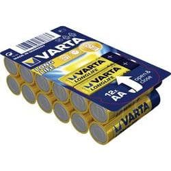 Twelve Varta LONGLIFE AA batteries in a blue and yellow packaging, each battery labeled with 2800mAh and 1.5V specifications, featuring easy-open design.