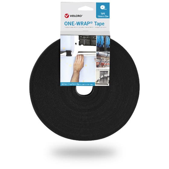 Black Velcro ONE-WRAP tape, 25 meters long and 13mm wide, displayed in a circular roll with packaging showing usage for organizing cables and securing items.