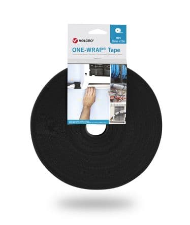 Black hook and loop tape roll, 20 mm wide and 25 m long, featuring a textured surface for secure fastening, packaged with a label showing usage instructions.