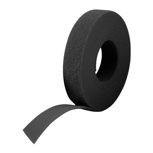 Black Velcro tape, 25 meters long and 25mm wide, featuring a textured surface for secure adhesion, rolled on a central core for easy dispensing.