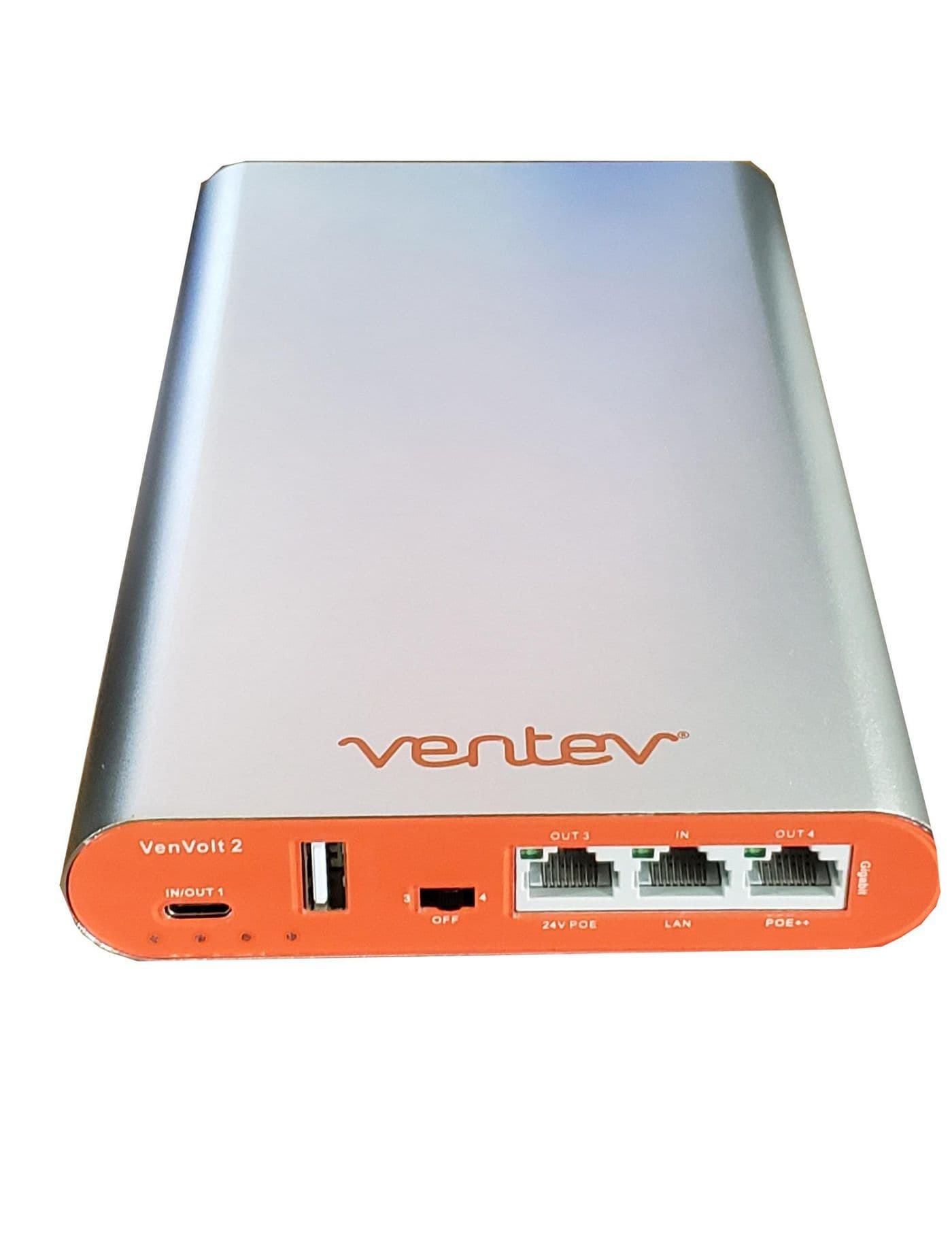 Ventev VenVolt V2 Site Survey WLAN Access Point Battery features a sleek silver and orange design, with multiple ports including USB, LAN, and PoE connections.