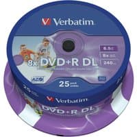 Verbatim 43667 25-pack DVD+R DL, 8.5GB capacity, purple and blue spindle packaging with sports graphics.