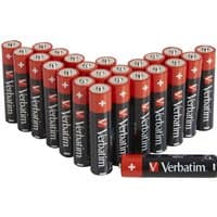 Verbatim AAA alkaline batteries, red and black with white text, arranged in a V shape.