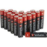 Verbatim AA single-use batteries, black with red tops, white text and plus symbols, arranged in rows.