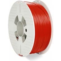 Red Verbatim 55053 PETG 3D printing filament on a white spool with radial cutouts.
