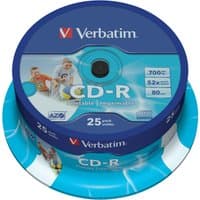 Verbatim CD-R AZO 25-pack, 700 MB, blue packaging, wide inkjet printable surface, 52x speed, stack of discs.