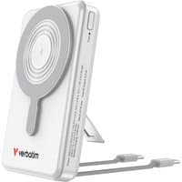 White Verbatim power bank with circular charging pad, built-in stand, and dual charging cables attached.