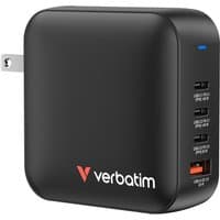 Black Verbatim Mini GaN Charger 165W with four USB ports, US plug, and blue LED indicator.