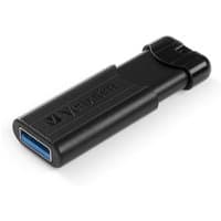 Black Verbatim PinStripe USB 3.0 Drive, 64 GB, with retractable connector and textured grip design.