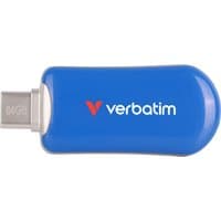 Blue Verbatim Plectra USB-C 64GB flash drive with rounded edges and white logo on the casing.