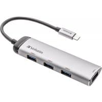 Silver Verbatim USB-C Multiport Hub with four USB 3.2 Gen 1 ports and attached USB-C cable.