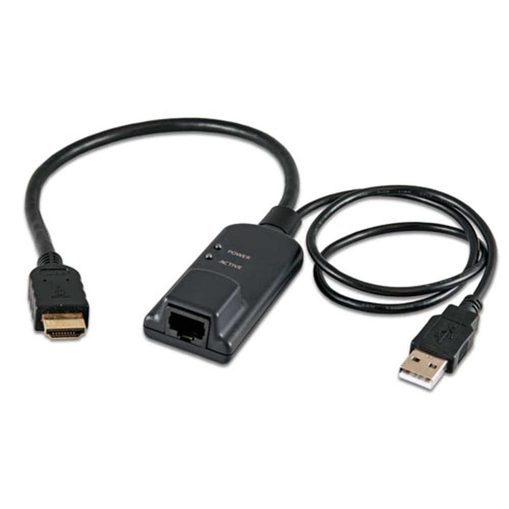 Black KVM interface adapter with HDMI and USB 2.0 connectors, featuring a compact design and LED indicators for power and activity.