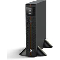 Black Vertiv Liebert Edge UPS, 2U tower/rack mount, with orange stripe and digital display on front panel.