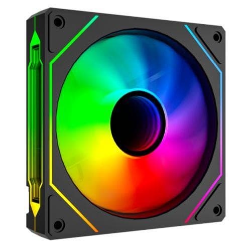 VIDA Infinity02 120mm black processor fan with a vibrant RGB lighting design, featuring a sleek square frame and a central circular fan blade for efficient cooling.