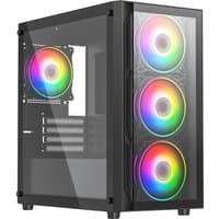 Black VIDA Lucid computer case with tempered glass panel and three front RGB fans.