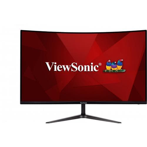 32" curved gaming monitor with a sleek black frame, featuring a vibrant red background displaying the ViewSonic logo, designed for 1ms response time and 180Hz refresh rate.