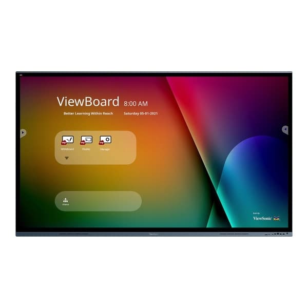 4K UHD interactive display with a sleek black frame, featuring a vibrant, colorful touchscreen interface showcasing app icons and a date display.