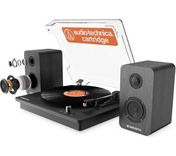 Oakcastle TT200 record player features a wooden design, includes separate black bookshelf speakers, supports 33/45/78 RPM, and has Bluetooth connectivity and RCA line out.