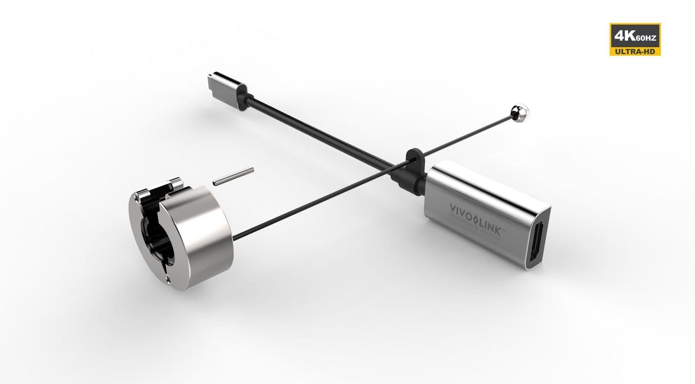 VivoLink 8K@60Hz Pro Dper Ring US-C features a sleek silver metal casing, a black cable, and a compact design for high-resolution video connectivity.