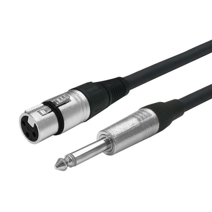 Black audio cable featuring a 1-meter length, with an XLR connector on one end and a 6.35mm jack on the other, showcasing durable metal and rubber materials.