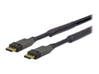 Black 20-meter DisplayPort cable with durable connectors, featuring gold-plated ends for optimal signal transmission and flexible, braided material for added durability.
