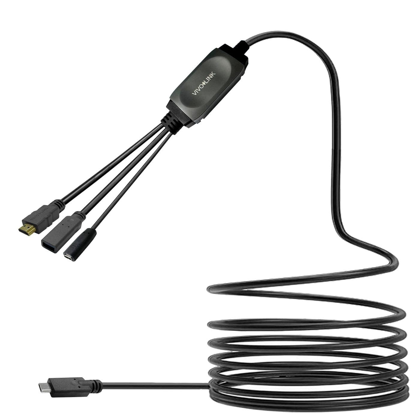Black USB cable with a coiled design, featuring a central connector splitting into three ends: HDMI, USB-C, and USB 3.0, marked with the VivoLink logo.
