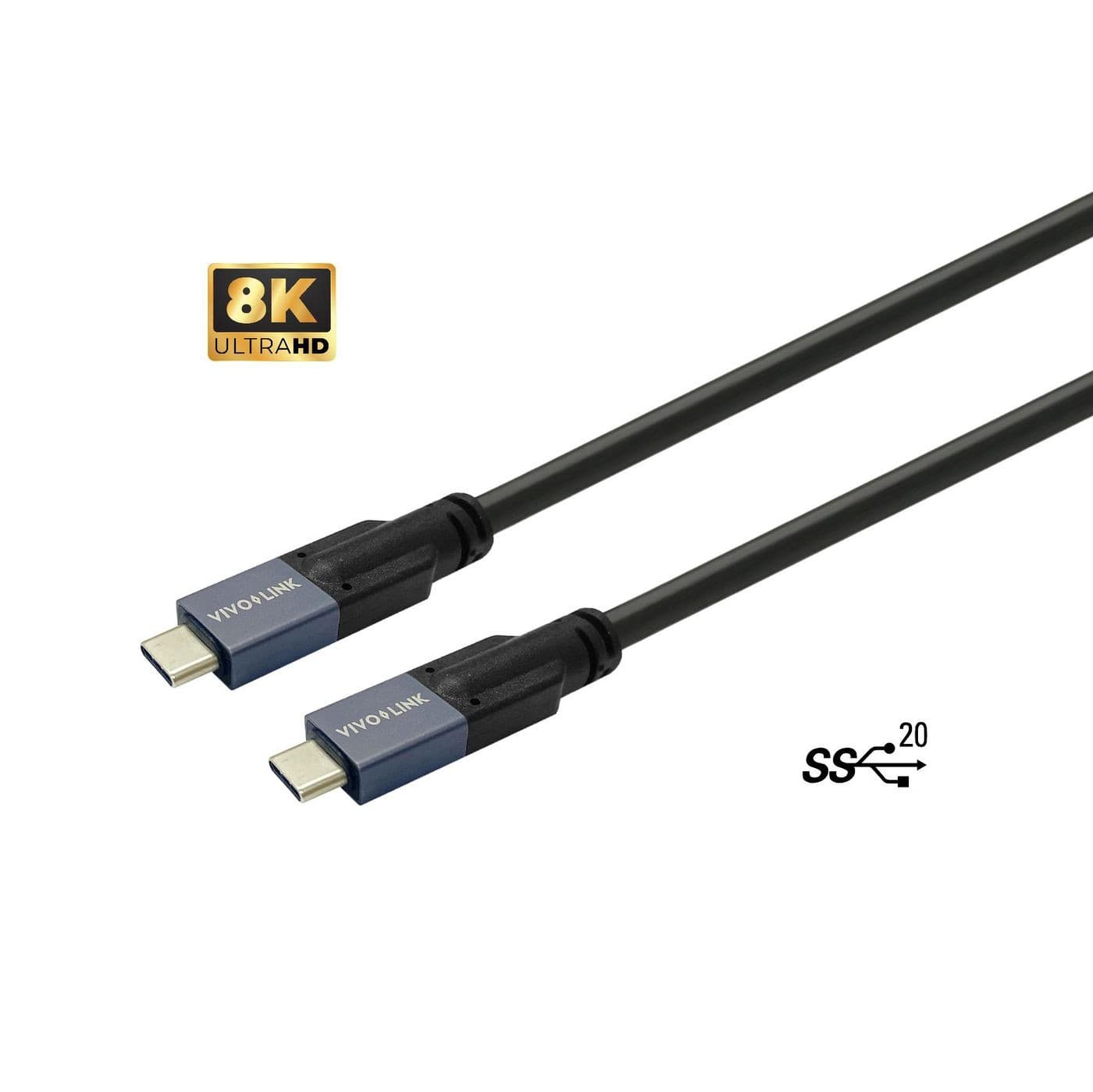 Black USB-C cable, 10 meters long, featuring blue and black connectors, labeled with "VivoLink" and "8K ULTRA HD" for high-resolution support.