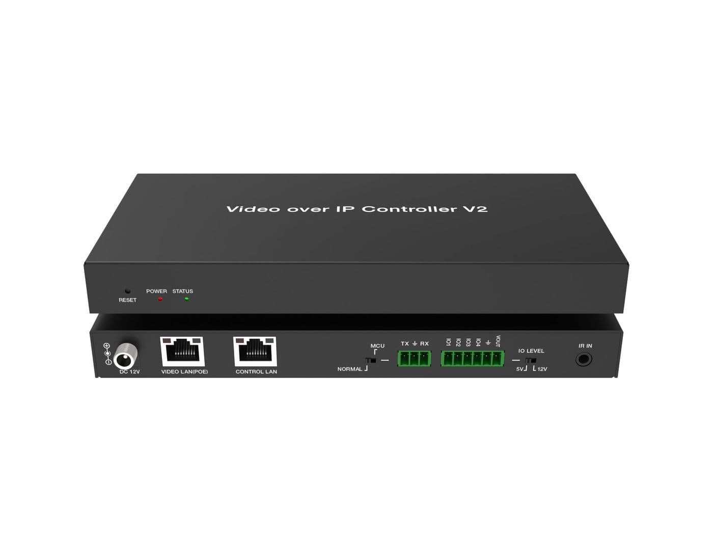 Black metal video over IP controller with multiple ports, including HDMI and LAN, featuring LED indicators and a sleek, low-profile design.