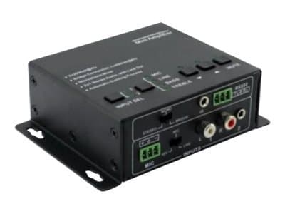 Black Vivolink VL120004 audio amplifier featuring two channels, multiple input options, control buttons on top, and mounting brackets for easy installation.