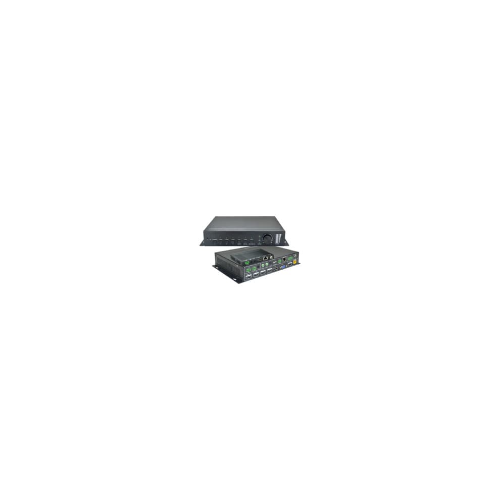 Vivolink VL120026 Video Scaler features a sleek black metal casing with various input/output ports, buttons, and an LED indicator for easy video signal management.