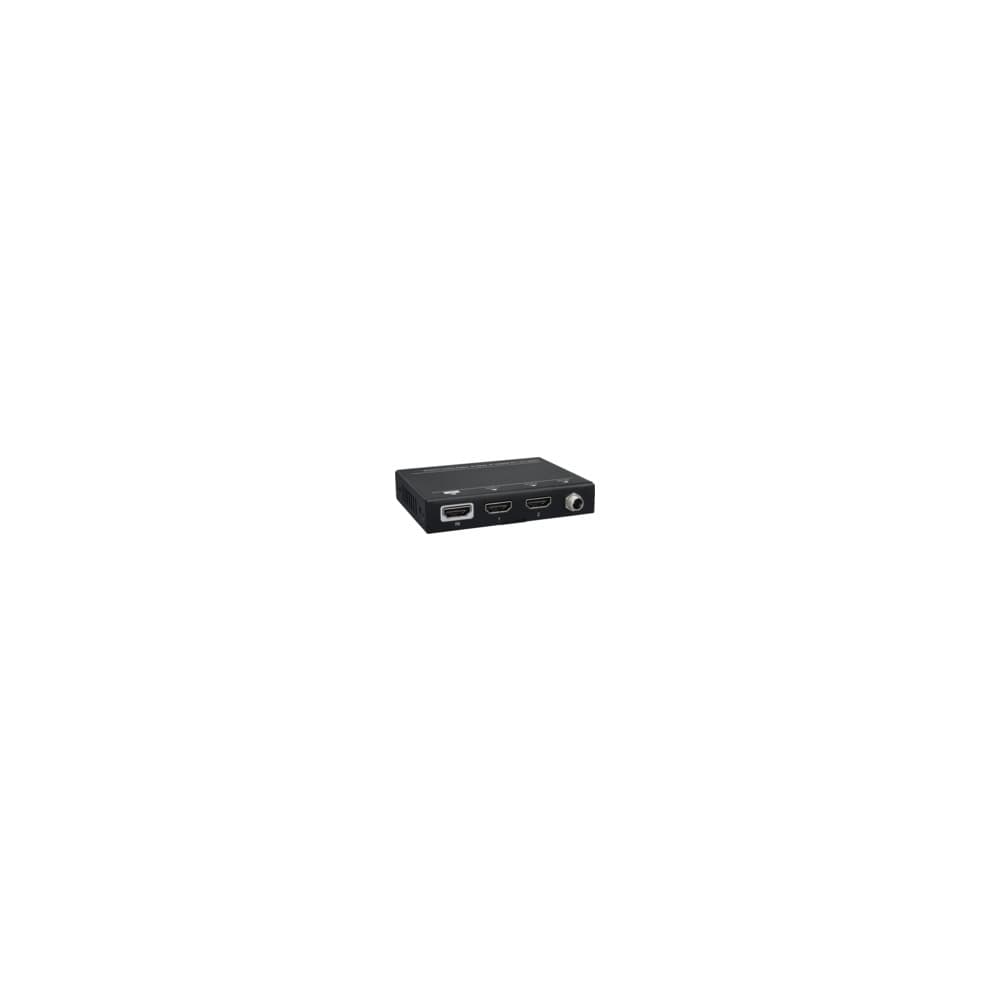 Black HDMI video splitter with two HDMI output ports, one HDMI input port, and a USB port, featuring a compact design suitable for connecting multiple displays.