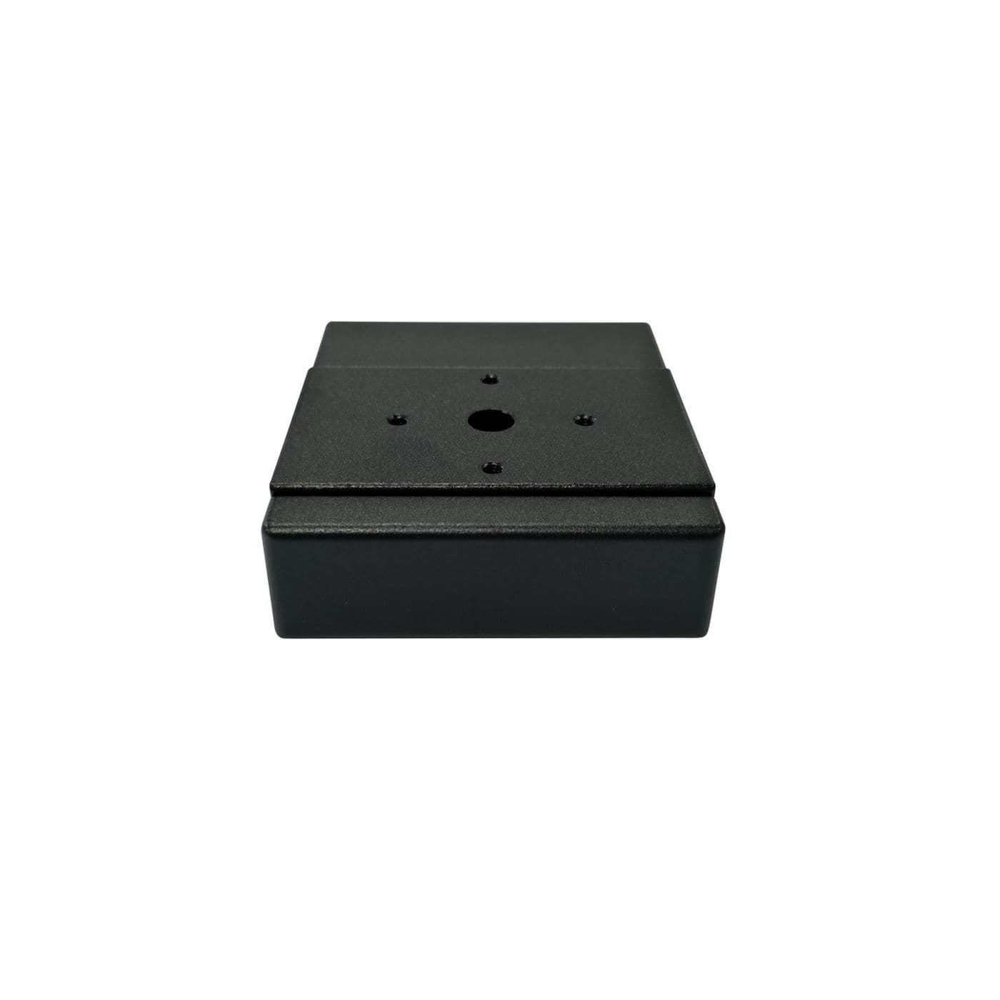 Black metal camera mounting accessory with a flat rectangular base, featuring four mounting holes and a central hole for secure attachment.