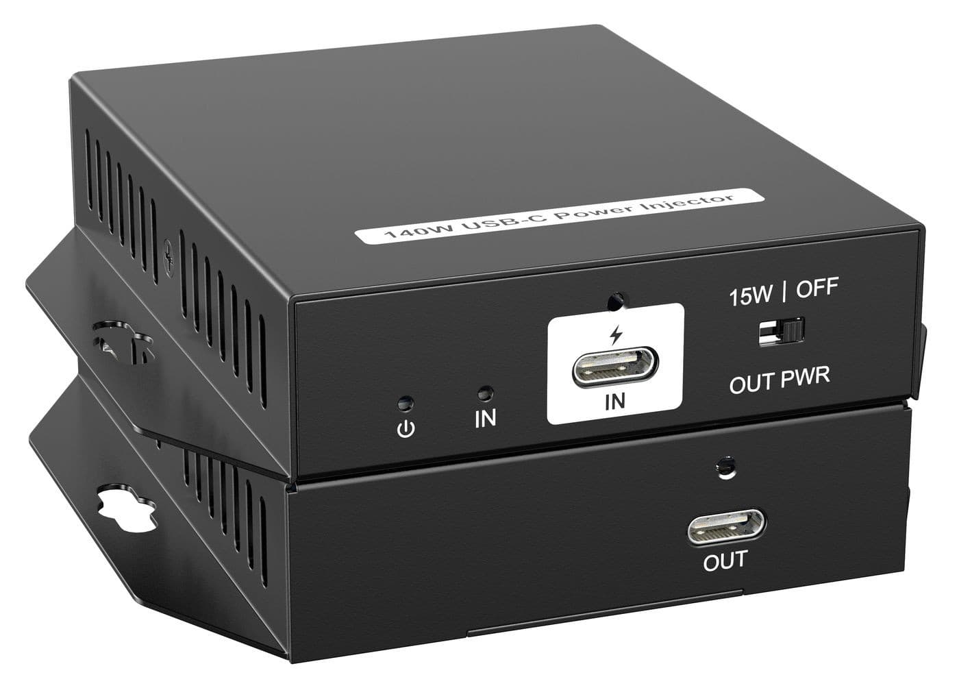 Compact black control processor with USB-C ports, labeled for input and output power, featuring a power indicator and ventilation slots on the sides.