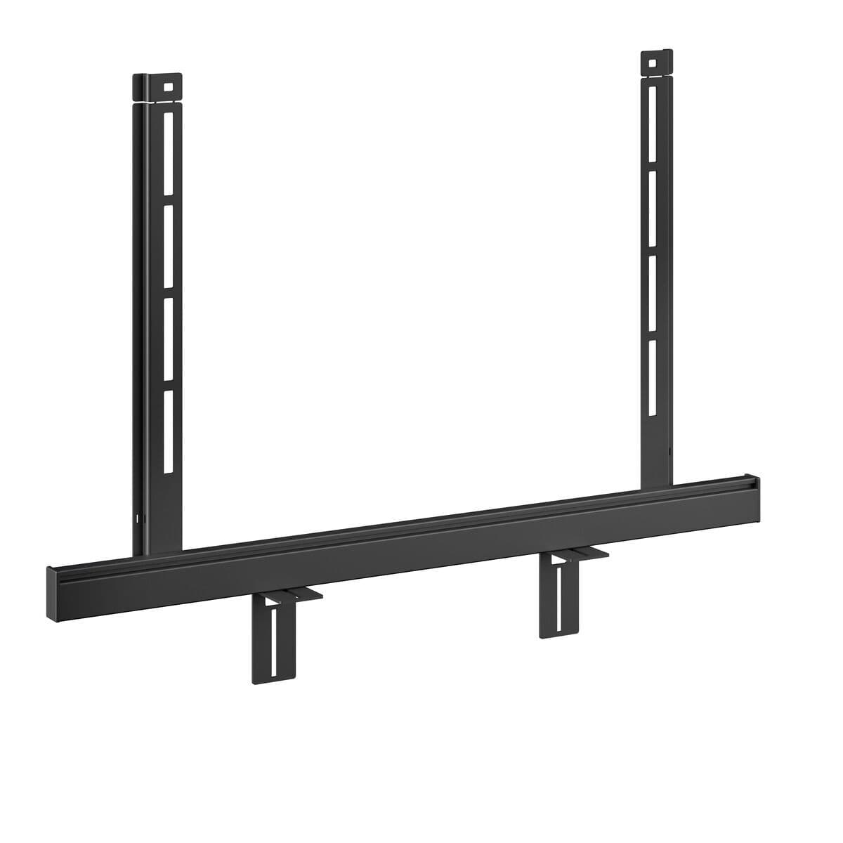 Black motorized soundbar bracket with adjustable mounting slots and sturdy metal construction, designed for easy installation and compatibility with various soundbars.