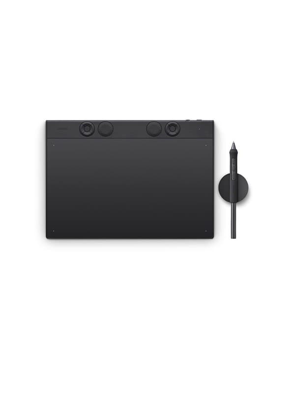 Wacom Intuos Pro Medium graphic tablet in black, featuring a smooth surface, customizable dials, and a stylus, measuring 263 x 148 mm with USB and Bluetooth connectivity.