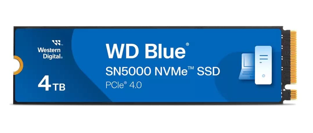 Western Digital Blue SN5000 4 TB M.2 PCIe 4.0 NVMe SSD featuring a blue and black design with gold connectors and a prominent "4 TB" label.